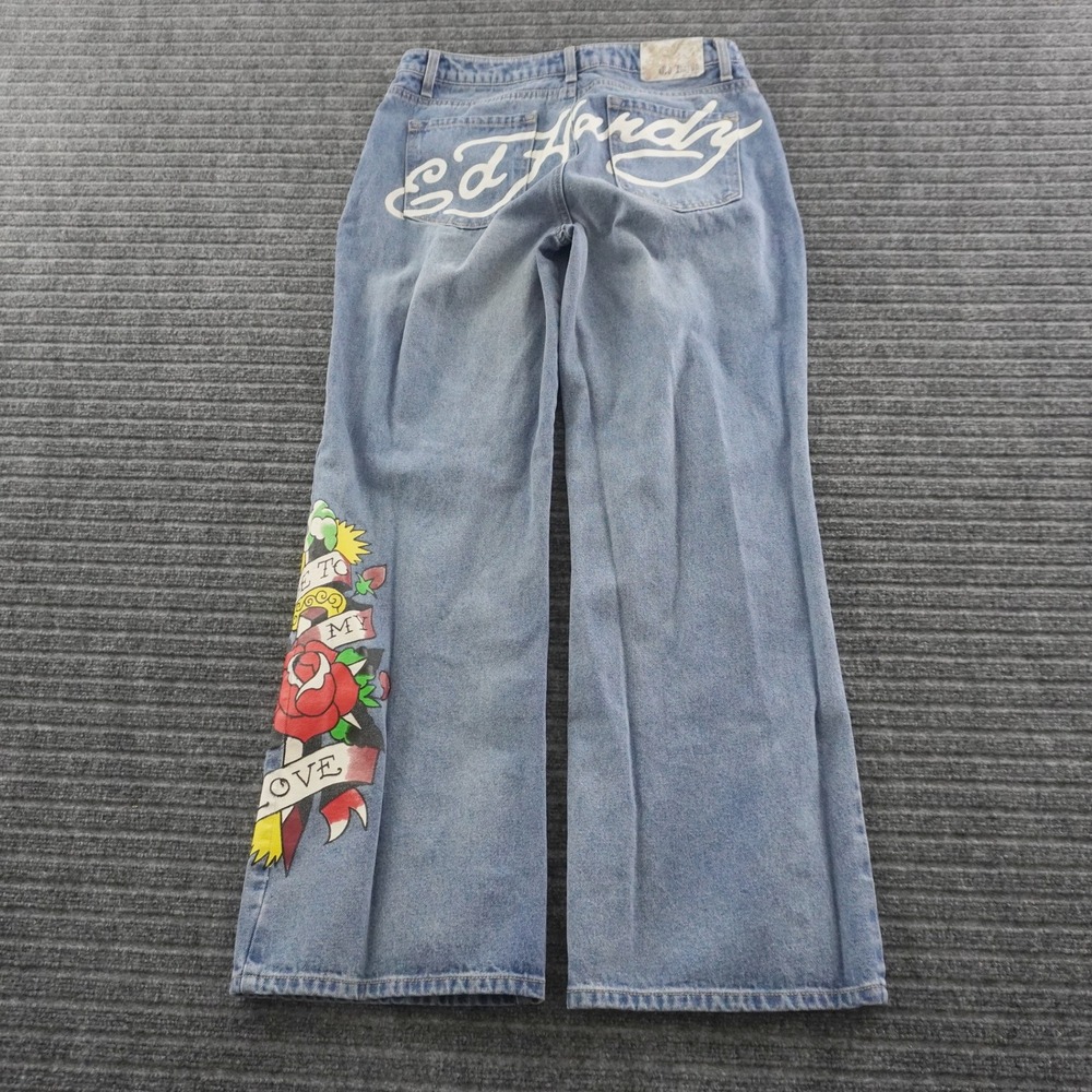 Vintage Ed Hardy Wide Leg Jeans Mens 32 Blue Tattoo Graphic Y2K Streetwear